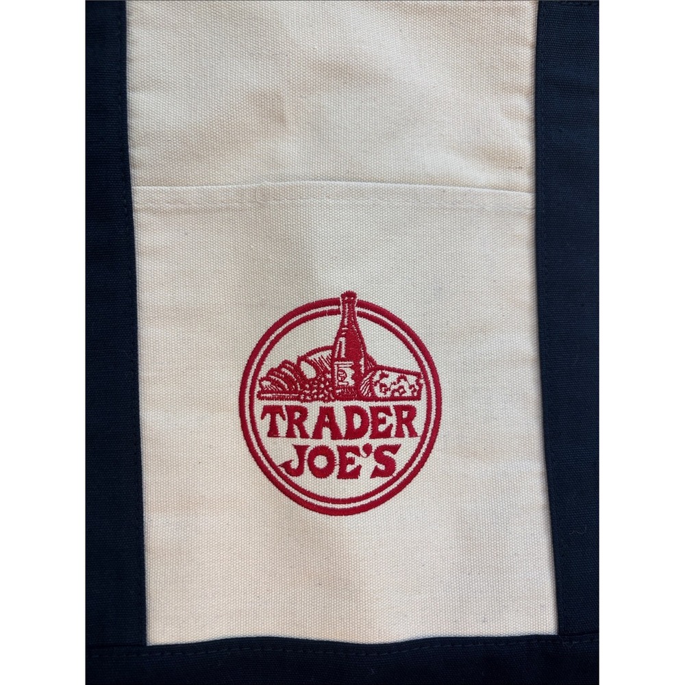 Trader Joe's Reusable Canvas Tote Bag Navy Blue Cream Cotton Grocery 2 Pack NWT - Picture 3 of 5
